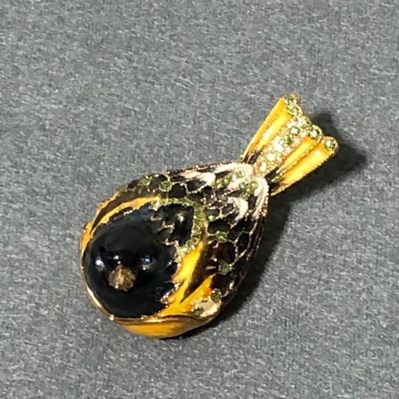 Bird Enameled Trinket box Black Head Yellow Wings Bejeweled - Picture 8 of 10